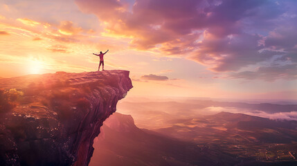A Man Soaring Above Cliff at Sunrise: Empowering Leap into Freedom