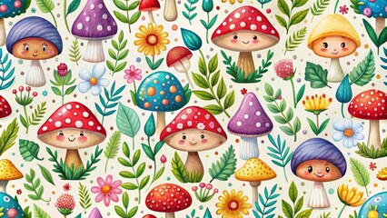 Colorful whimsical seamless pattern featuring adorable cartoon mushrooms amidst lush greenery and bright flowers on a white background.