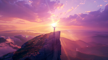A Man Soaring Above Cliff at Sunrise: Empowering Leap into Freedom