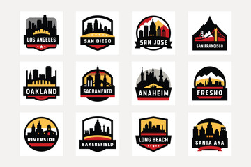 Los Angeles San Francisco San Diego San Jose Sacramento Fresno Long Beach Oakland Santa Ana Anaheim Bakersfield Riverside California City Skyline Logo Vector Illustration Bundle