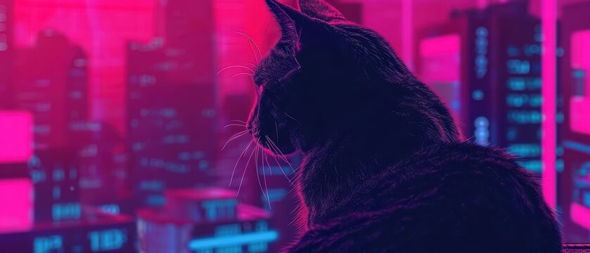 A sleek cybernetic cat perched on a neonlit rooftop, gazing over a digital cityscape with copy space