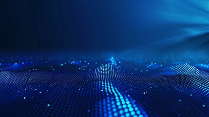 Abstract futuristic background of glowing blue digital wave with particles and grid. Concept of big data, technology, communication, science and cyberspace.