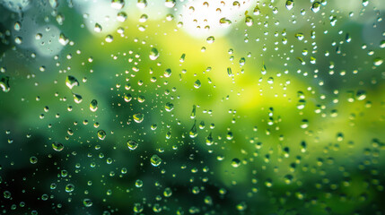 raindrops on a window, capturing the intricate patterns of water droplets, with a blurred green forest background