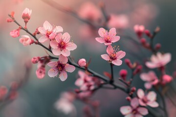 Obraz premium Cherry blossoms in full bloom on branches, with a softly blurred background of a springtime park. 