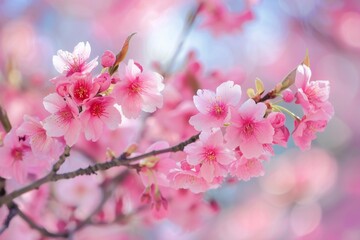 Fototapeta premium Cherry blossoms in full bloom on branches, with a softly blurred background of a springtime park. 