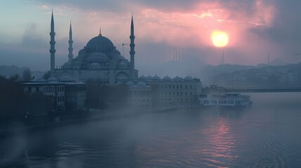 Fototapeta premium A View of a Mosque from a Boat as the Sun Sets Over the Water - Generative AI