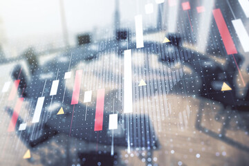 Multi exposure of virtual abstract financial graph hologram and world map on a modern furnished classroom background, financial and trading concept