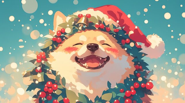santa claus with christmas dog with flowers