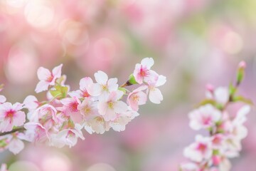 Cherry blossoms in full bloom on branches, with a softly blurred background of a springtime park. 