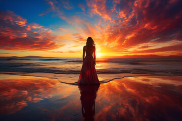 Woman admiring vibrant colors of sunset over ocean. Generative AI