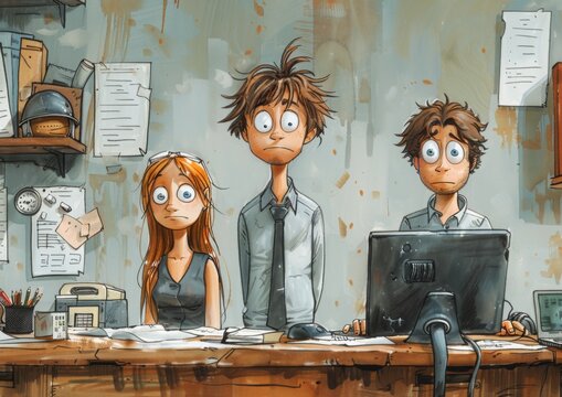 person in the office Make a humorous cartoon strip of everyday office life