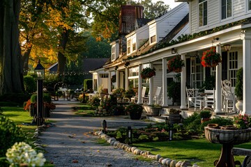 Obraz premium Charming White House with a Porch and Lush Greenery