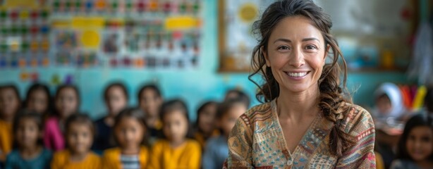 Fototapeta premium A kind female teacher in the classroom on World Teachers' Day