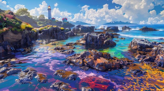 A vibrant coastal scene with a rocky shoreline, tide pools, and a lighthouse in the distance. - Powered by Adobe