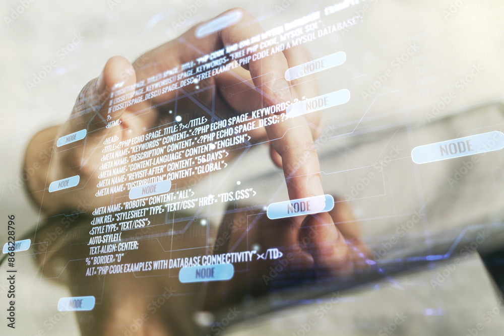 Poster double exposure of abstract programming language hologram with finger clicks on a digital tablet on 