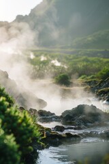 Natural hot springs with steam rising, with a softly blurred background of rocky terrain and greenery.
