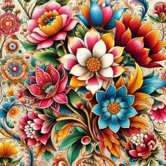 An ethnic painting of flowers with vibrant colors and hand-drawn style.
