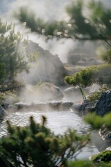 Obraz premium Natural hot springs with steam rising, with a softly blurred background of rocky terrain and greenery.