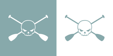 Símbolo pirata. Logo nautical. Silueta de calavera humana con expresión enojada sobre remos cruzados de kayak, canoa o paddle surf