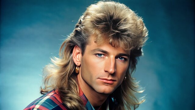 Retro 1980s nostalgic aesthetic featuring iconic mullet hairstyle symbolizing playful eccentricity and whimsical vintage fashion sensibilities of a bygone era.