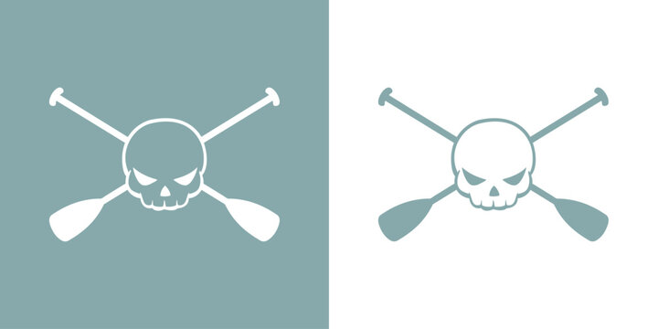 S&iacute;mbolo pirata. Logo nautical. Silueta de calavera humana con expresi&oacute;n enojada sobre remos cruzados de kayak, canoa o paddle surf