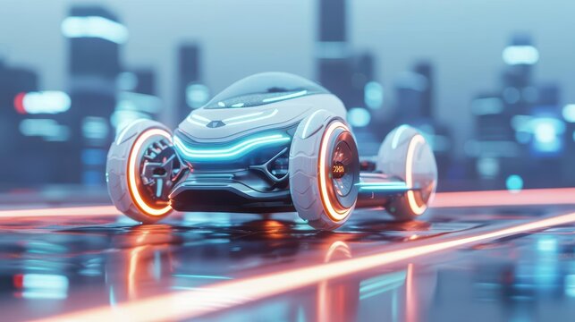 Futuristic urban mobility with electric hoverboards and automated ridesharing services with copy space