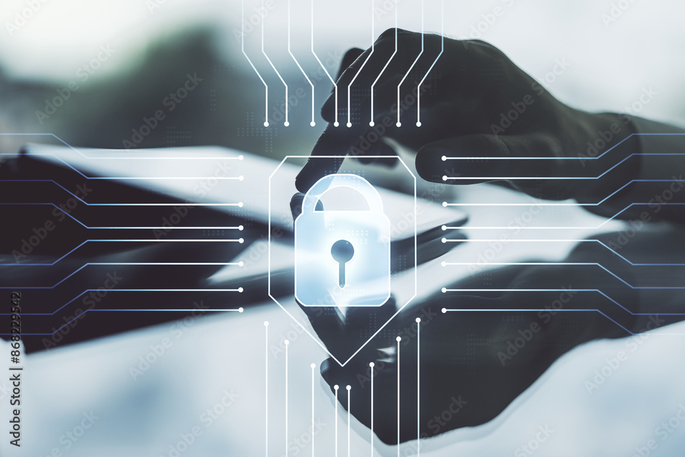 Poster creative idea concept with lock symbol and microcircuit illustration and with finger clicks on a dig