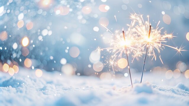 two burning sparklers in snow, empty nature party background for christmas or New Year's Eve, blurred winter backdrop, fireworks in snow landscape, celebrate for two, concept with copy space