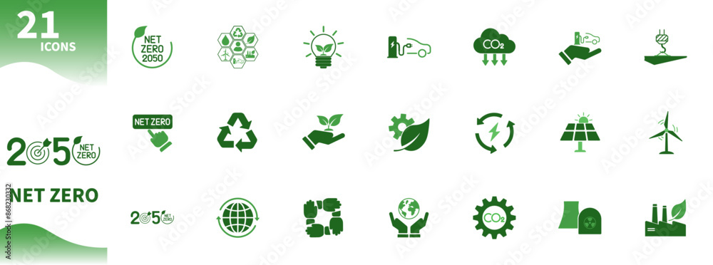 Wall mural Net zero icon. Set of icons for ecology, renewable energy, environment, recycling, green nature. Solid vector icons