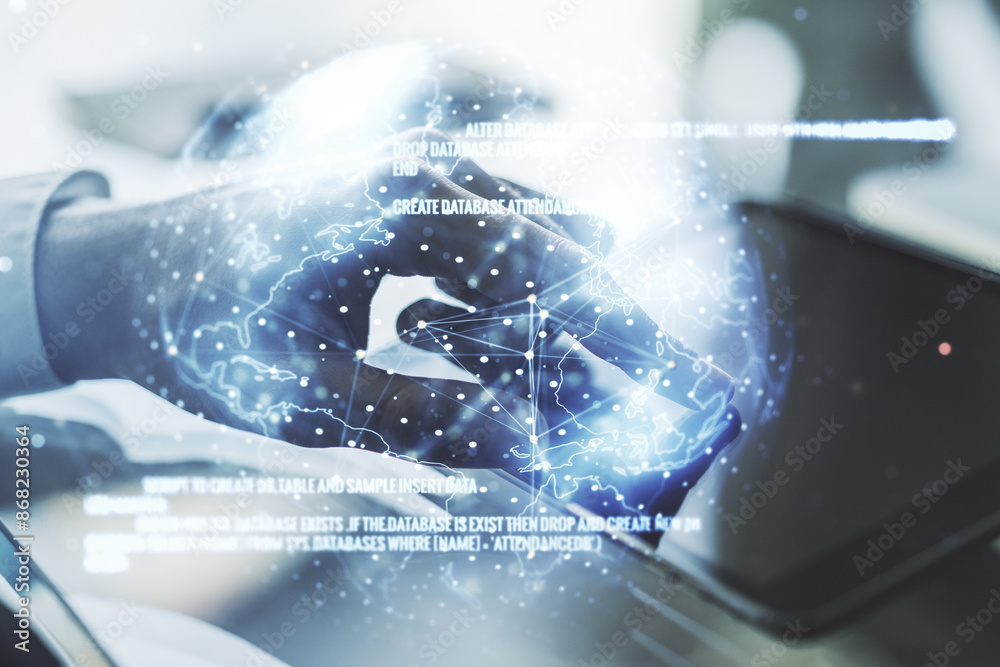 Poster double exposure of abstract creative programming illustration with world map and finger clicks on a 