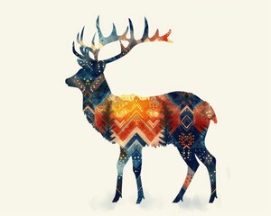 A colorful deer with a patterned tail and antlers