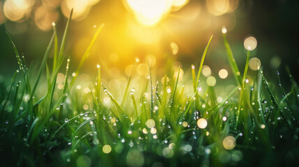 fresh green grass with morning dew, water droplets glistening in the sunlight