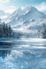 Fototapeta premium Snow-capped mountains overlooking a frozen lake, with a softly blurred background of snowy trees and sky. 