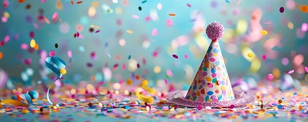 Party hat with personalized name tag amidst a shower of confetti and streamers, celebration, personalized festivity