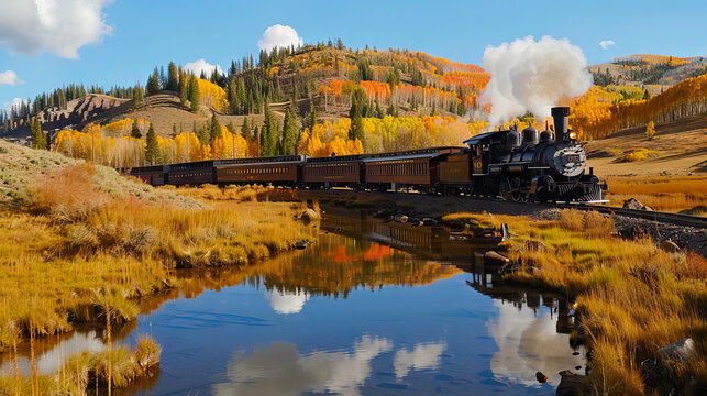 Retro steam train moves crossing the river at sunrise.