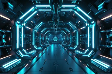 Obraz premium Futuristic Sci-Fi Spaceship Corridor with Glowing Blue Lights, Perfect for Technology, Gaming, or Metaverse Projects