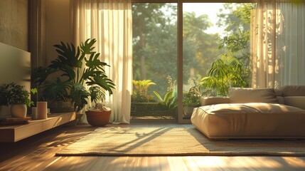 Fototapeta premium Background: A minimal and contemporary home setup with a blank wall, light floor, and white furniture, complemented by a luxurious lounge area with a cozy sofa and decorative plants for a serene livin
