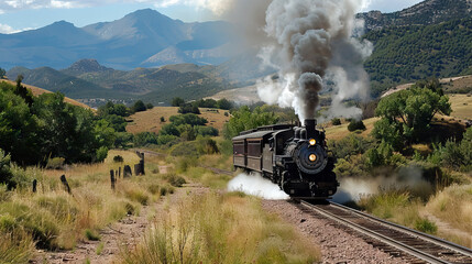 Obraz premium Steam locomotive pump out clouds of white smoke. Steam train on railway.