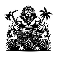 car monster and king lion logo design for t-shirt