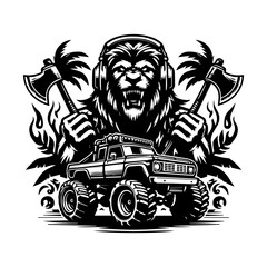 car monster and king lion logo design for t-shirt