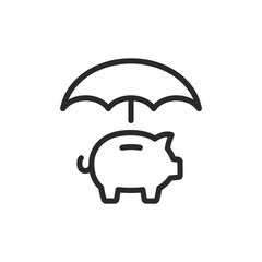 Savings protection, linear style icon. Piggy bank under umbrella. Editable stroke width