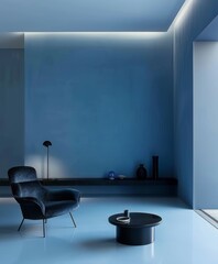 Blue wall serving as a backdrop for minimalist black furniture