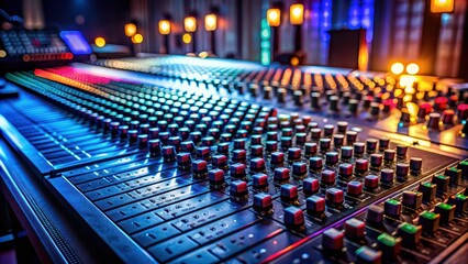 Fototapeta premium Close-up of a music mixing board in dark recording studio with industrial machinery aesthetics and bright colors , DJ