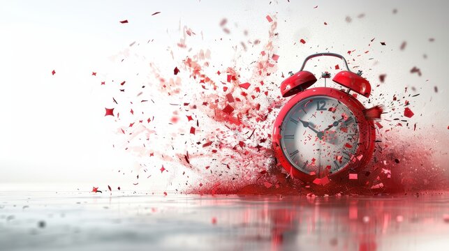 Exploding Red Alarm Clock with Dynamic Burst of Shards and Sparks