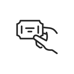 Ticket in hand, linear style icon. holding a ticket. Editable stroke width