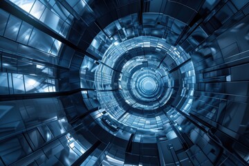 Naklejka premium Abstract 3D rendering of futuristic tunnel with glowing blue lights. Perfect background for technology, science fiction, or cyberpunk themes.