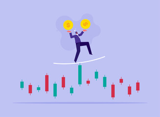 Balance or risk management on stock market concept, reduce of mistakes investment damage that may occur under uncertain circumstances, businessman tries to balance his capital in the stock market