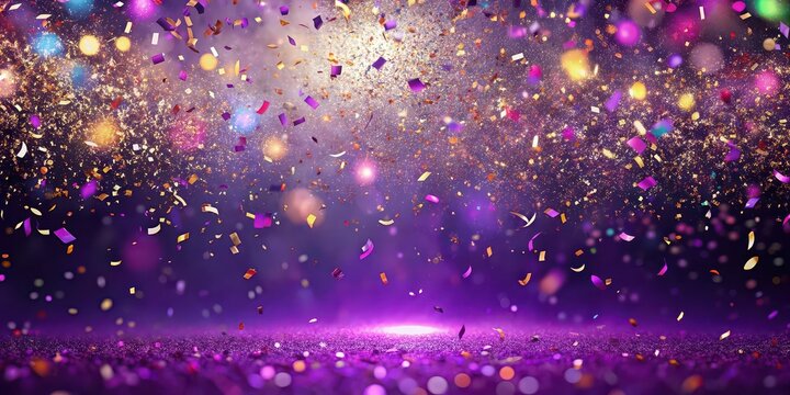 Enchanting party background with purple confetti storm and sparkling celebration, magical, purple, confetti