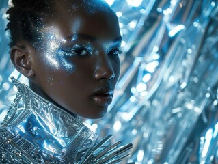 Futuristic portrait of a model with glitter makeup and a metallic outfit, set against a shimmering, reflective background.