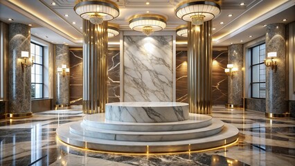 Luxurious marble 3D podium on a lavish hotel background conveying opulence and sophistication for high-end design and advertising purposes.